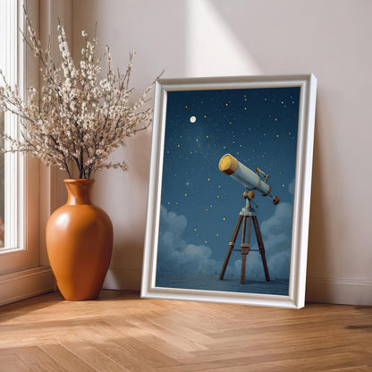 A stylish, close-up shot of a framed telescope print leaning against a wall next to a large vase. The **white wood frame** and white mat complement the bright, clean aesthetic of the space, making this a perfect piece of home decor.