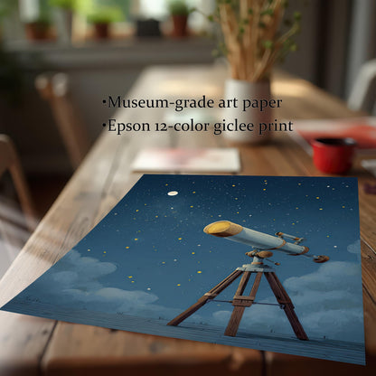 A close-up, angled shot of a high-quality print featuring a telescope under a starry sky. The print is on **museum-grade art paper** using an **Epson 12-color giclee print** process, emphasizing the premium quality and rich colors of the art.