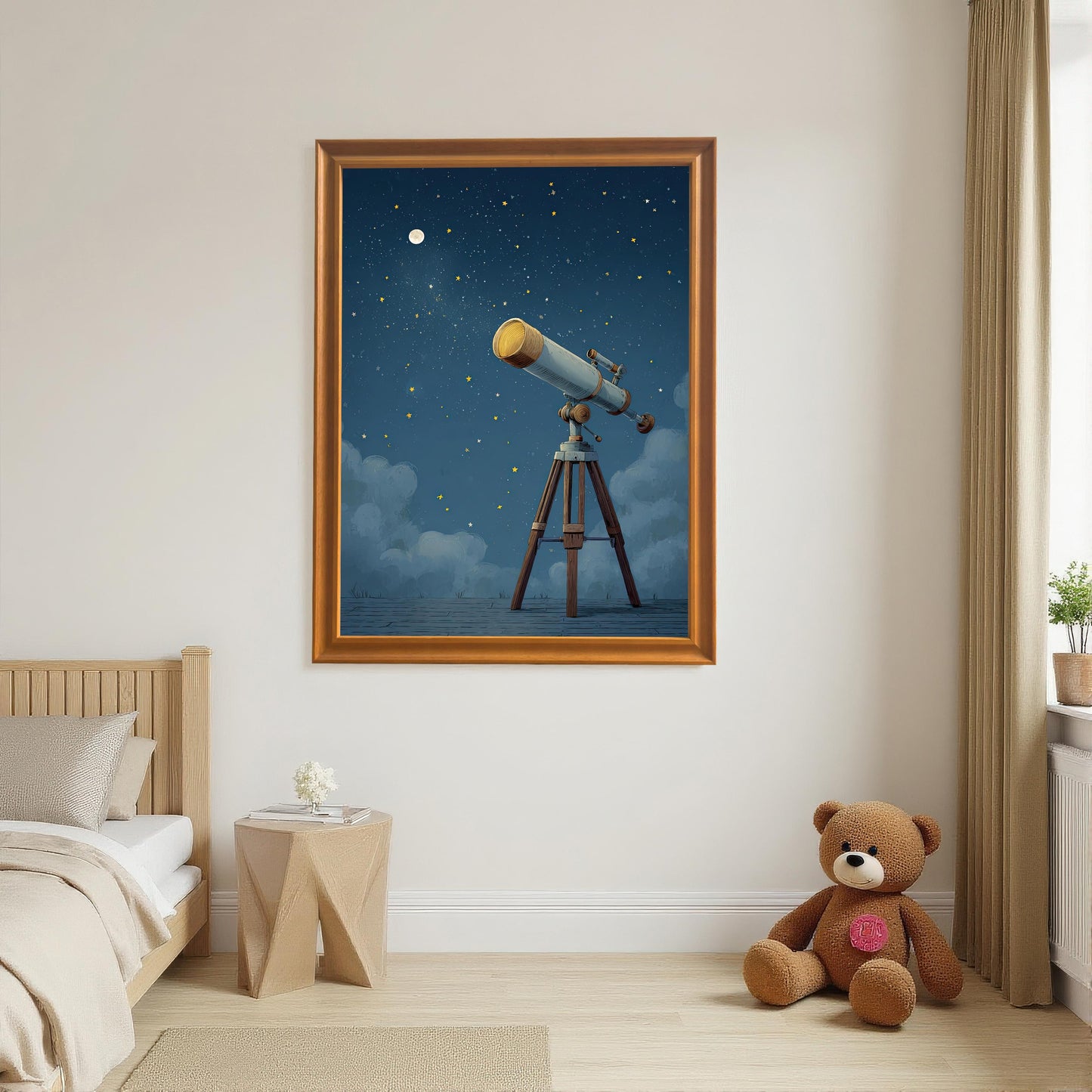 A large framed print of a telescope under a starry night sky, hanging on a wall in a child's bedroom or nursery. The **orange wood frame** complements the dreamy, nocturnal scene, making it a perfect piece of wall art for an aspiring astronomer.