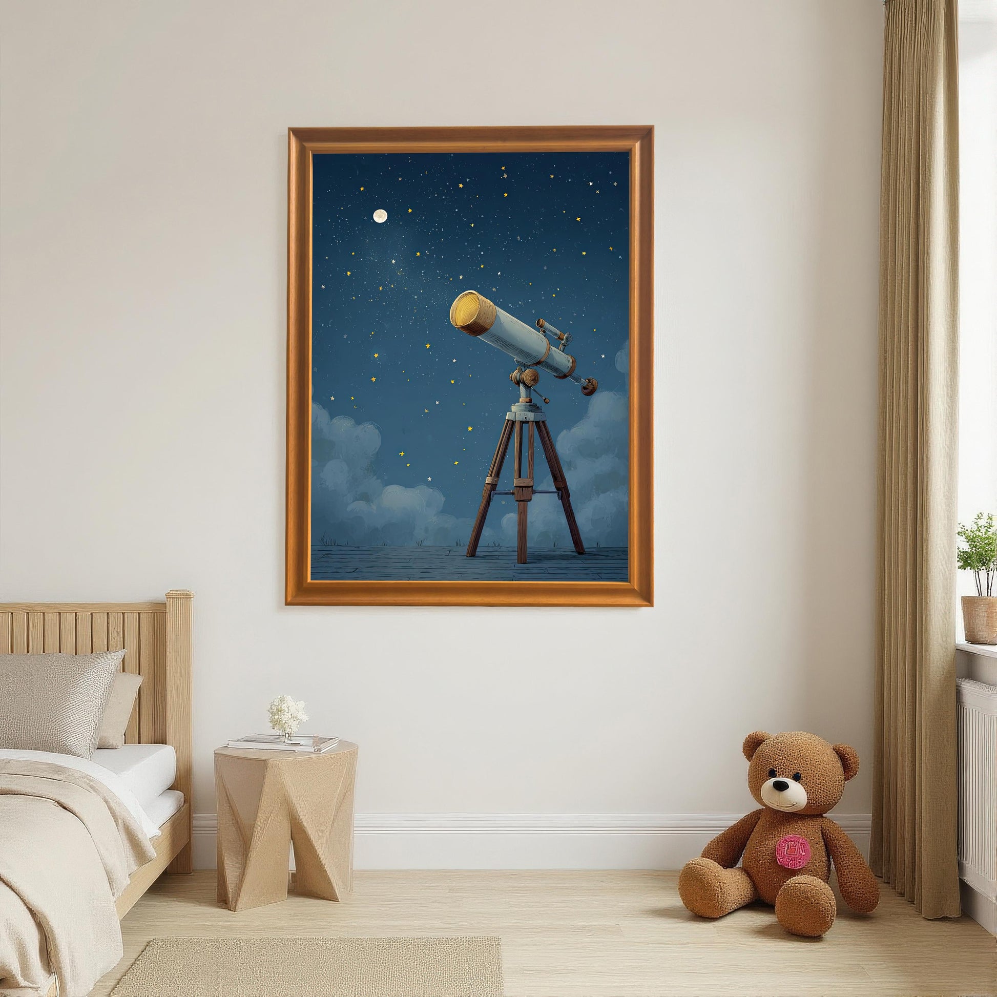 A large framed print of a telescope under a starry night sky, hanging on a wall in a child's bedroom or nursery. The **orange wood frame** complements the dreamy, nocturnal scene, making it a perfect piece of wall art for an aspiring astronomer.