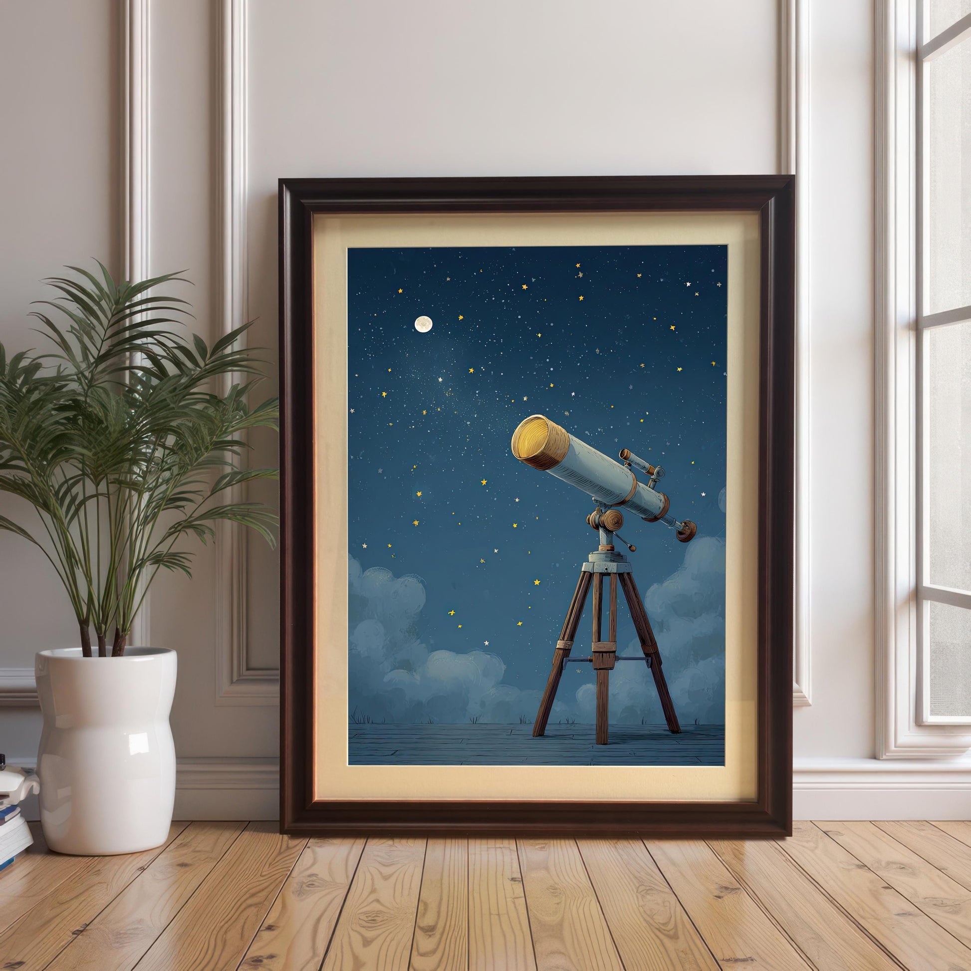 A stylish framed print of a telescope under a starry sky, leaning against a wall next to a houseplant. The **coffee-colored wood frame** adds a touch of sophistication, making this wall art suitable for a modern living room or study.