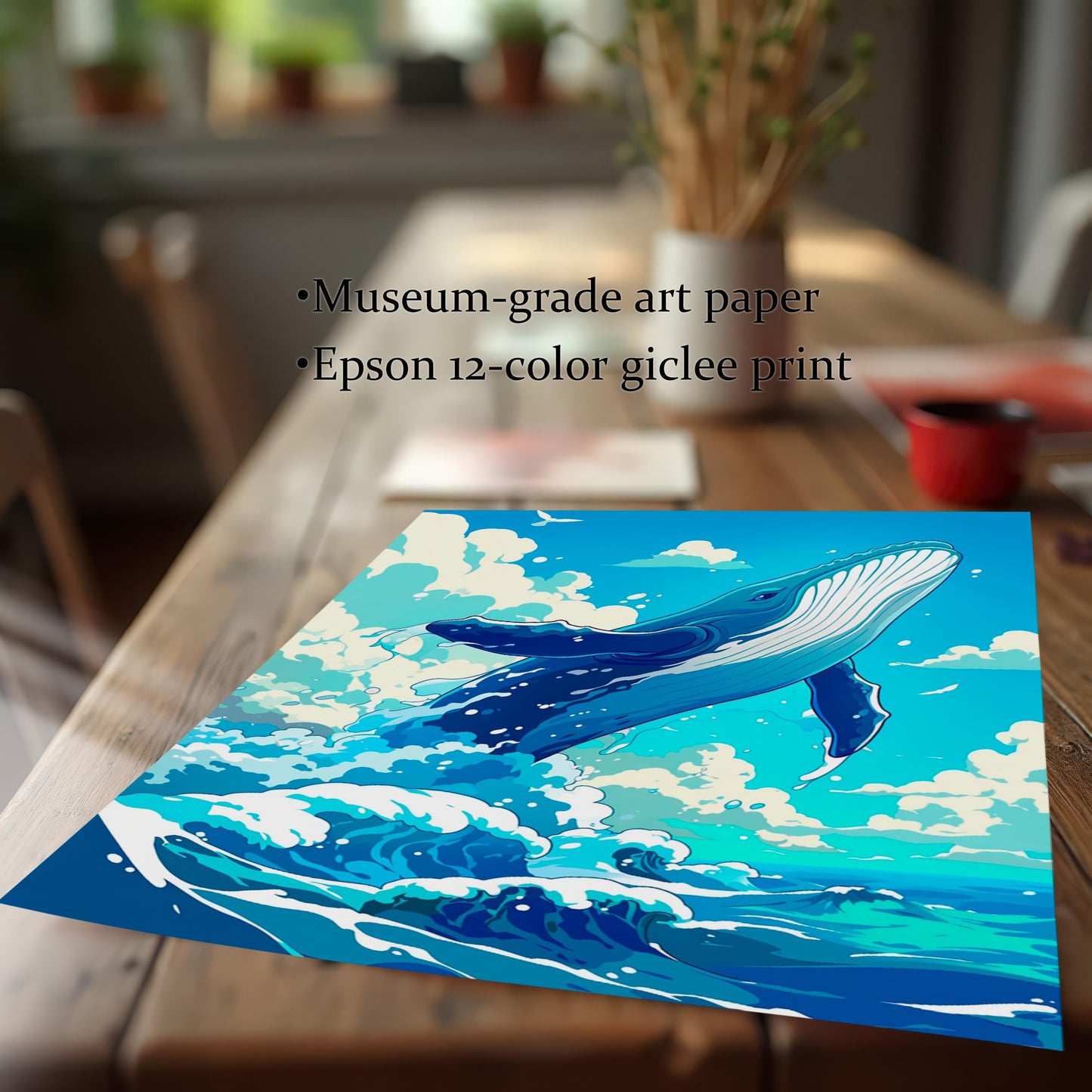 A close-up of the vibrant whale art print itself, highlighting the quality. Text reads: "Museum-grade art paper" and "Epson 12-color giclee print".
