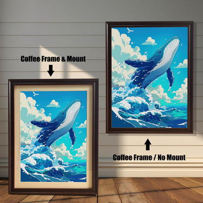 A comparison of the whale art print in a coffee-brown wood frame, showing the product with a white mount versus without a mount.