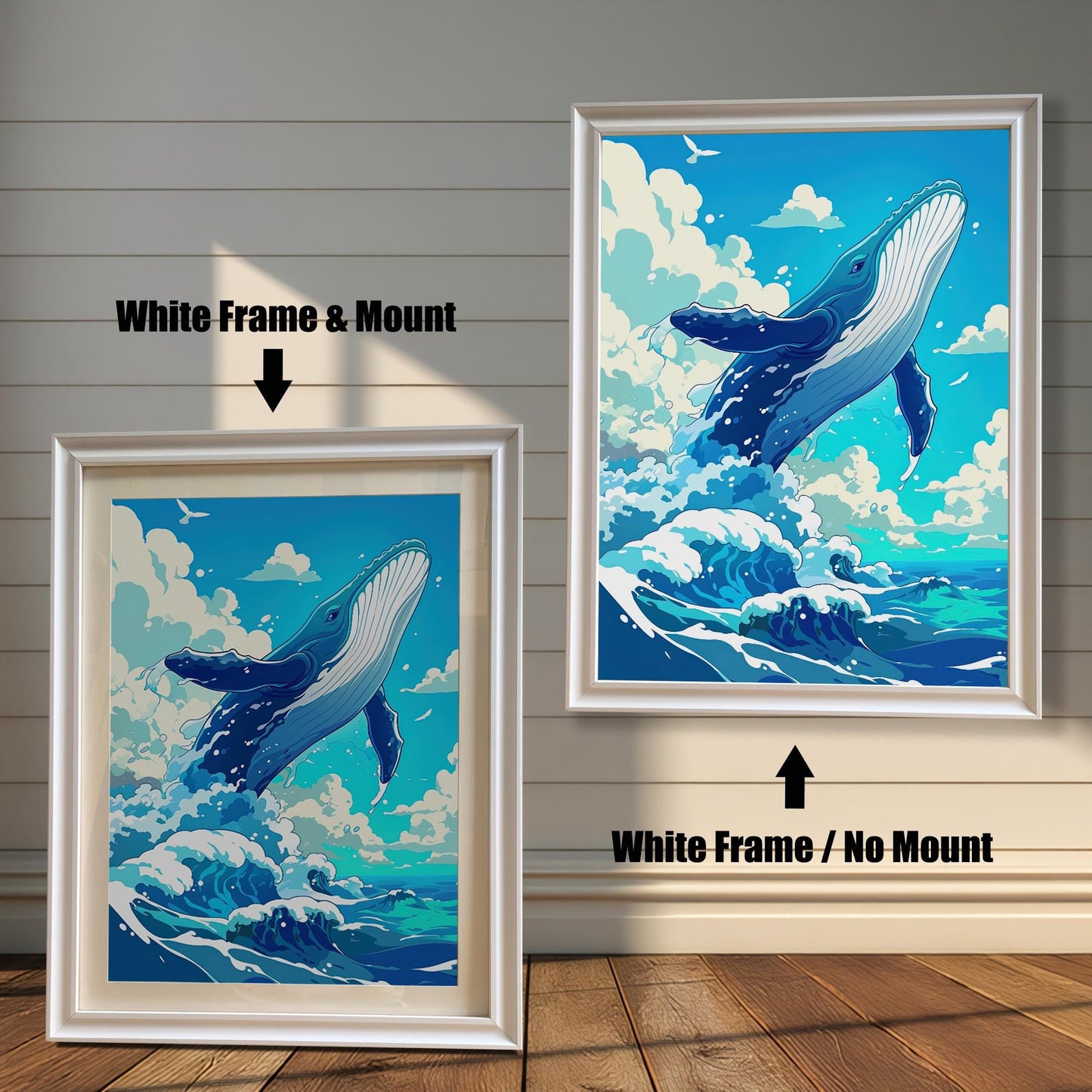 A comparison of the whale art print in a white wood frame, showing the product with a white mount versus without a mount.