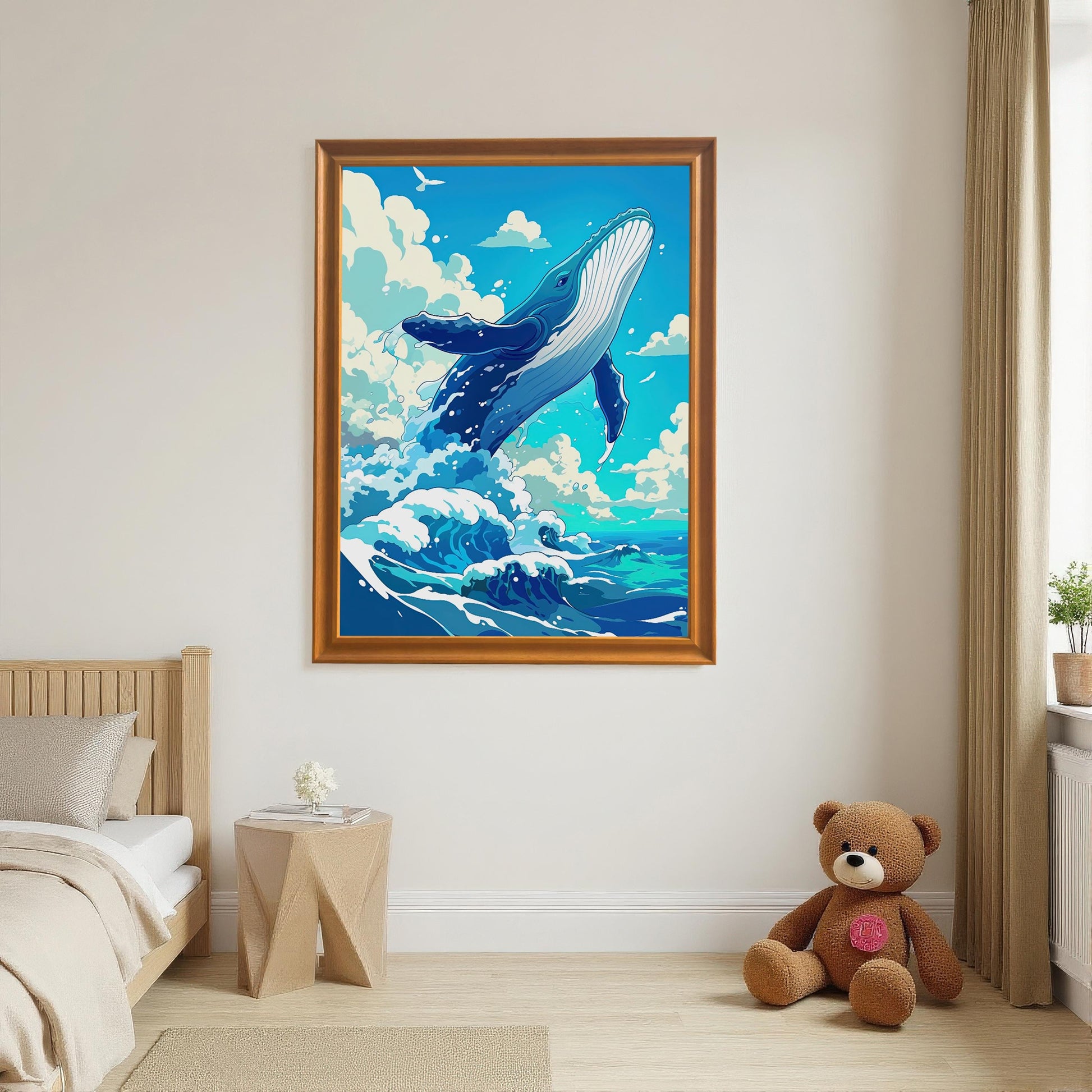 The large whale art print hanging as decor in a bright child's bedroom, positioned on the wall above a teddy bear.