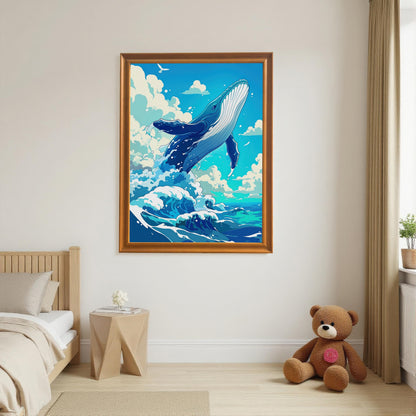 The large whale art print hanging as decor in a bright child's bedroom, positioned on the wall above a teddy bear.