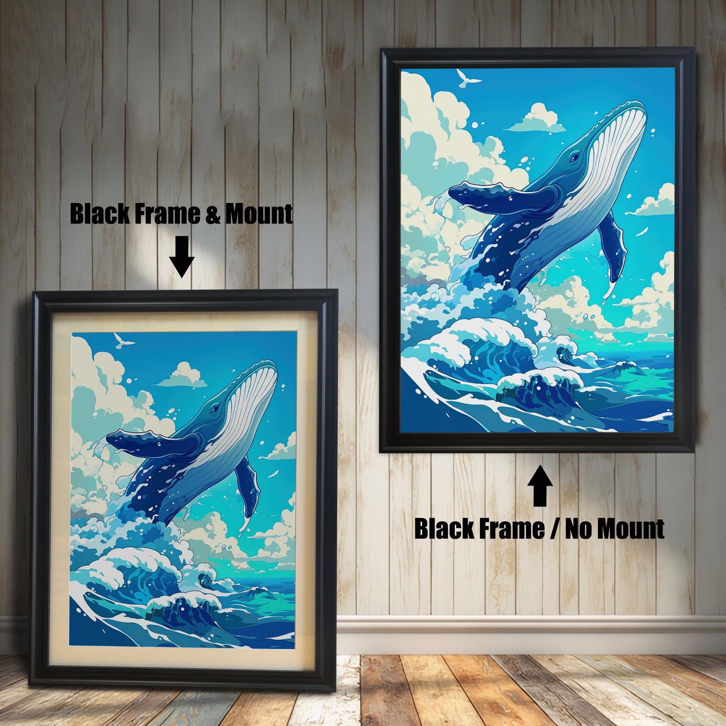 A comparison of the whale art print in a black wood frame, showing the product with a white mount versus without a mount.