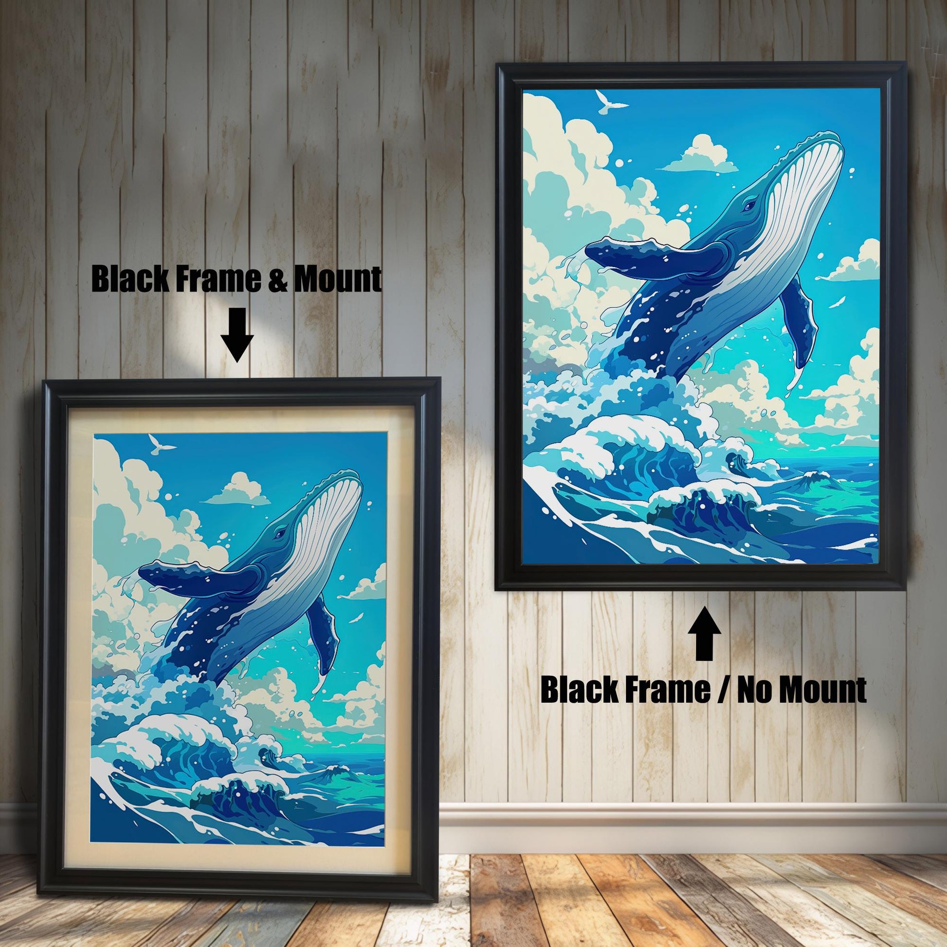 A comparison of the whale art print in a black wood frame, showing the product with a white mount versus without a mount.