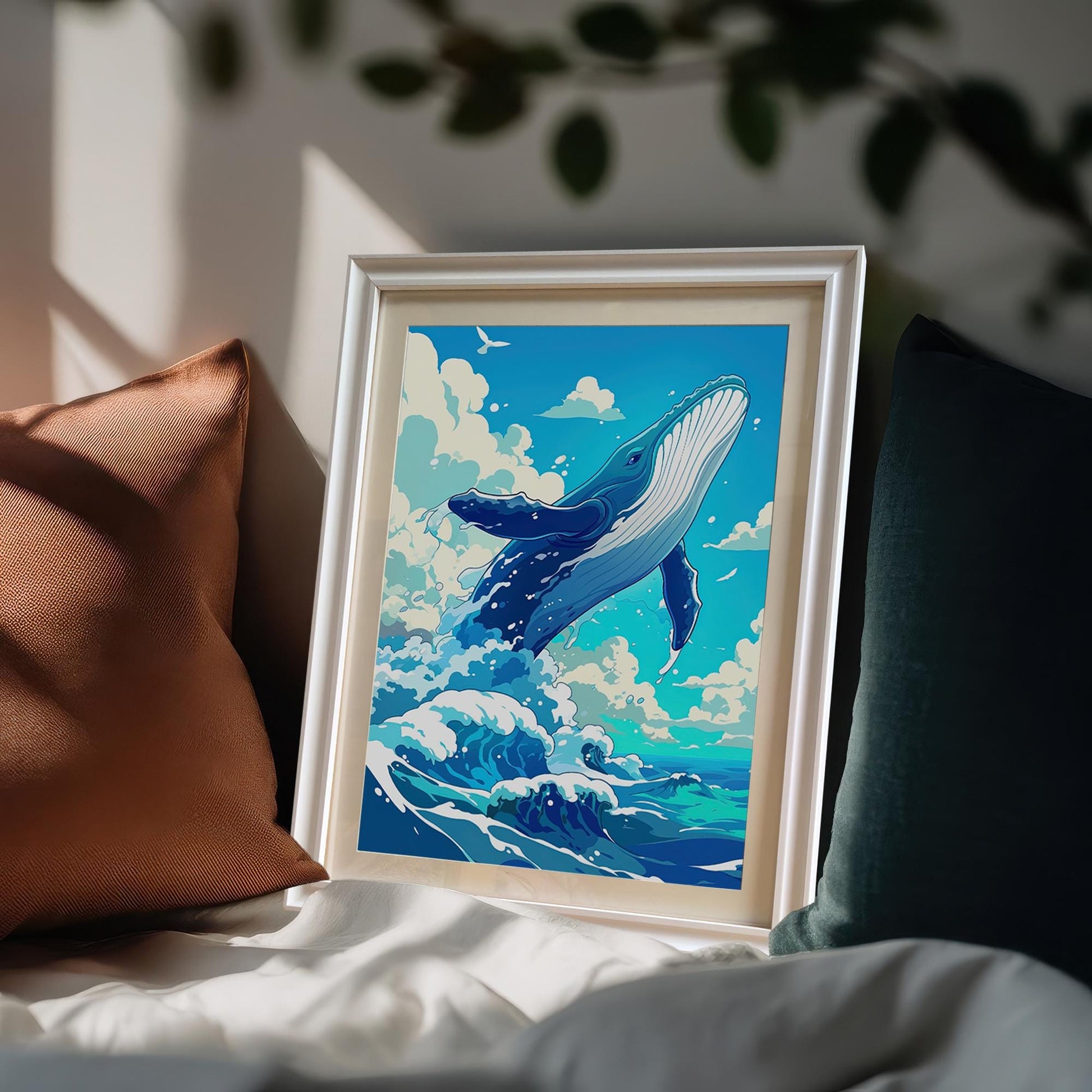 Lifestyle image showing the framed whale art print resting on a cozy sofa between two decorative pillows.