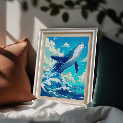 Lifestyle image showing the framed whale art print resting on a cozy sofa between two decorative pillows.