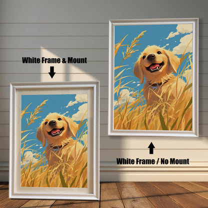 A framed art print of a happy golden retriever, displayed in two **white wood frames**. One has a mat and one does not. This is a perfect piece of wall decor for a child's room or for any dog lover's home.