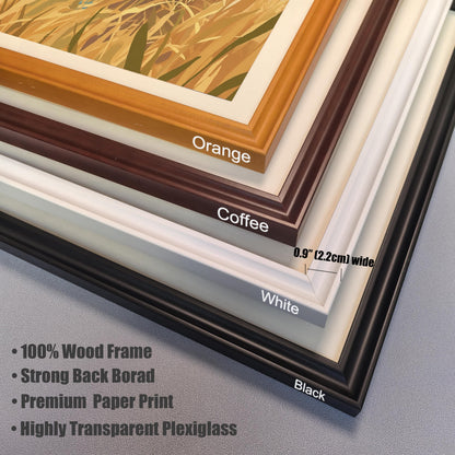 A detailed, stacked close-up of the four available wood frame options for the wall art prints. The image shows the **Black**, **White**, **Coffee**, and **Orange** frames, highlighting the 0.9" (2.2cm) wide profile and product features like a **100% wood frame**, **strong backboard**, **premium paper print**, and **highly transparent plexiglass**.