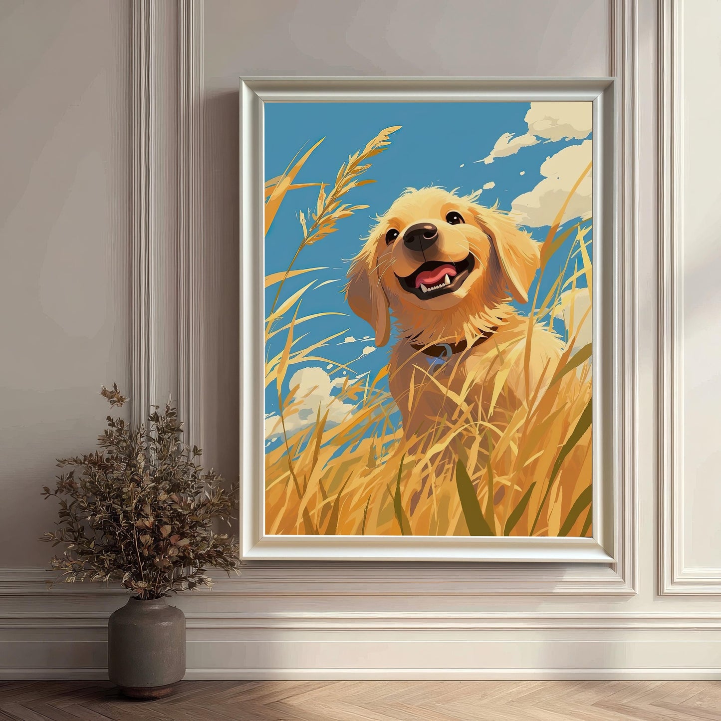 A large, white-framed print of a happy golden retriever dog, leaning against a wall next to a large vase with dried flowers. The **white wood frame** and mat give this piece a clean, modern look, making it a great piece of decor for a contemporary home.