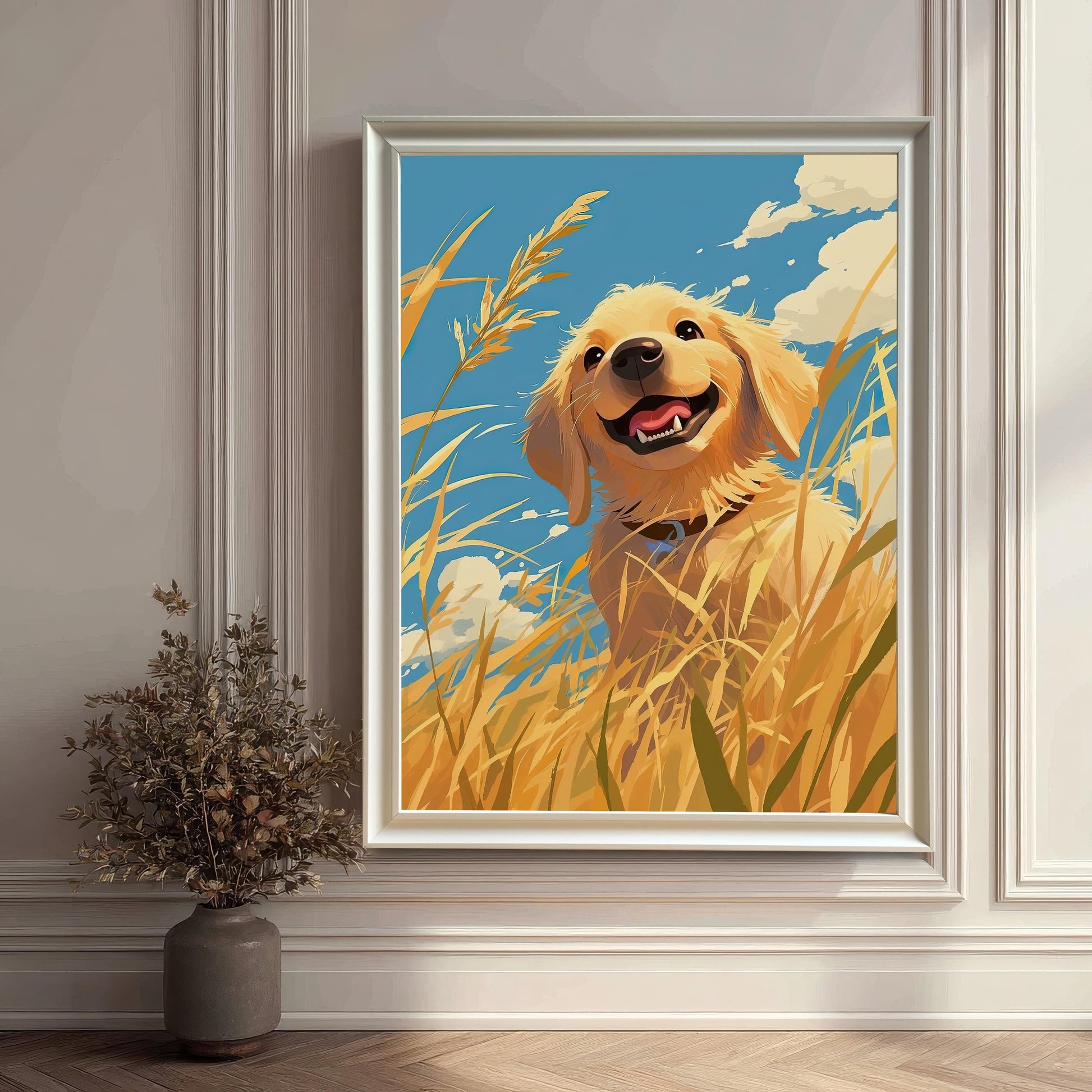 A large, white-framed print of a happy golden retriever dog, leaning against a wall next to a large vase with dried flowers. The **white wood frame** and mat give this piece a clean, modern look, making it a great piece of decor for a contemporary home.