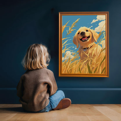 A heartwarming shot of a small child sitting and looking up at a framed art print of a golden retriever dog. The **orange wood frame** stands out against the dark blue wall, making this dog wall art a focal point.