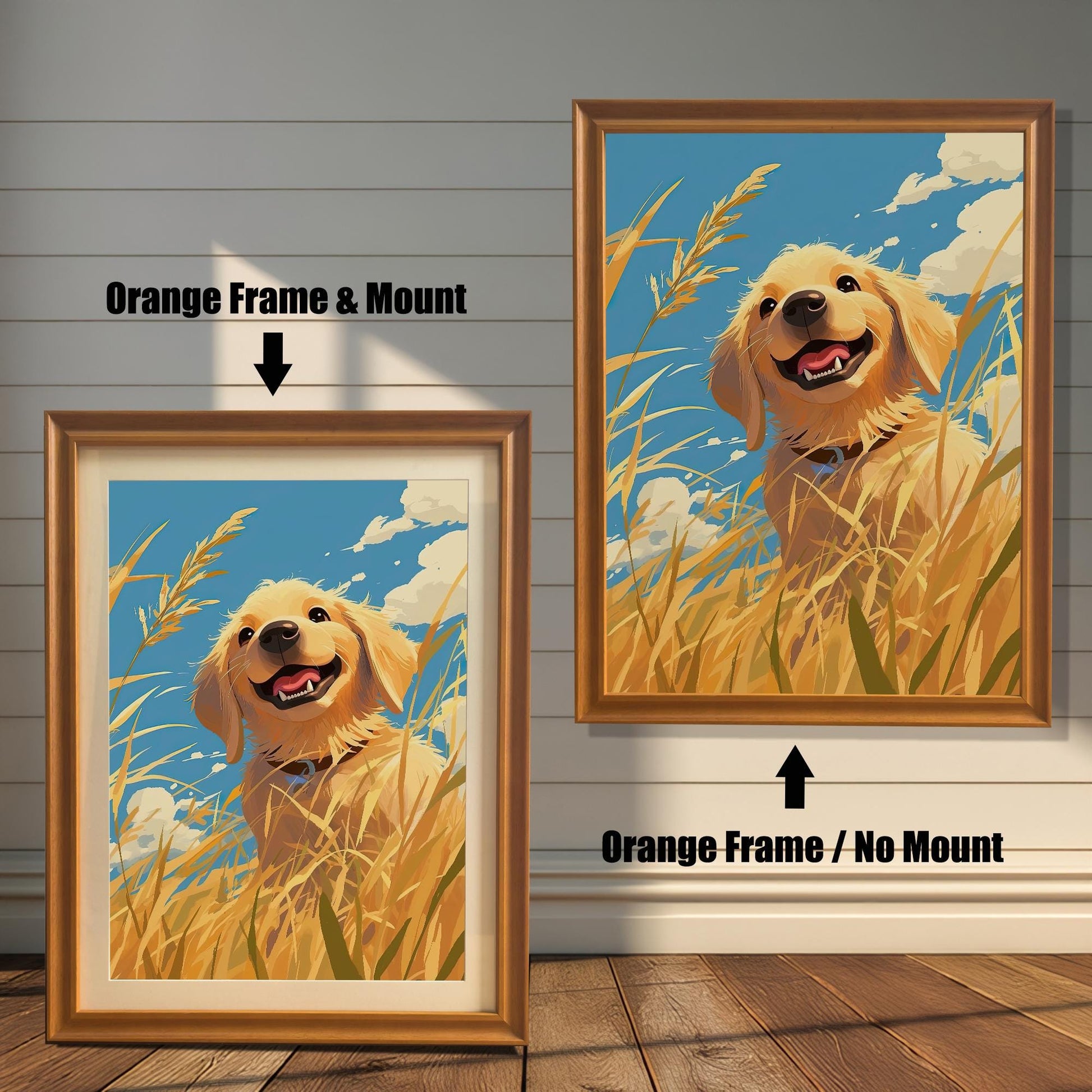 A framed print of a smiling golden retriever in a field, displayed in two different **orange-brown wood frames**. One has a mat, and one does not. This vibrant dog print is perfect for adding a touch of happiness to your home or office.