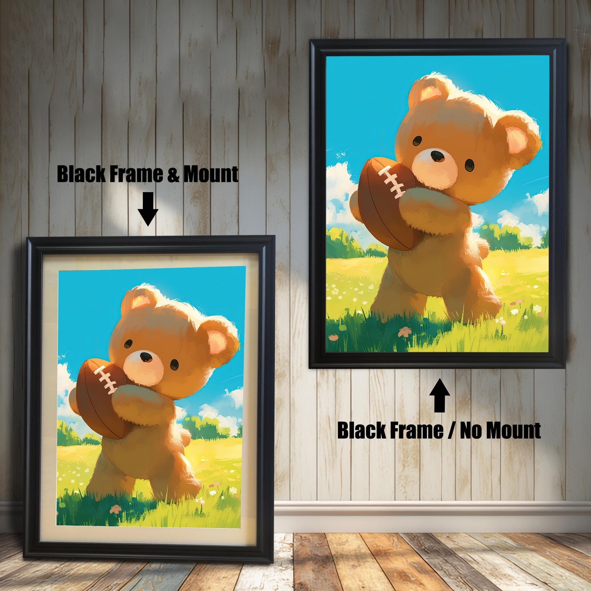 Two versions of a teddy bear wall art print are shown, both in black frames. The one on the left includes a mount, while the one on the right is without a mount. Text labels each option.