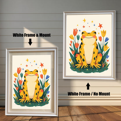 Two versions of a happy yellow frog wall art print with a white wood frame. The print on the left is a smaller size framed with a white mount (or mat), and the one on the right is a larger size without a mount. The image shows the framed print hanging against a white paneled wall.