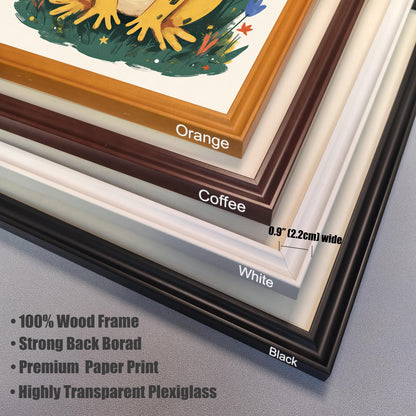 A close-up, angled view of four stacked wood frames in different colors: black, white, coffee, and orange. The image highlights the 0.9" wide frame profile and shows text describing the product as "100% Wood Frame," "Strong Back Board," "Premium Paper Print," and "Highly Transparent Plexiglass."