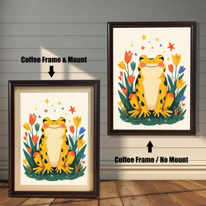 Two versions of a happy yellow frog wall art print with a coffee-colored wood frame. The print on the left is a smaller size framed with a white mount (or mat), and the one on the right is a larger size without a mount. The image shows the framed print hanging against a white paneled wall.