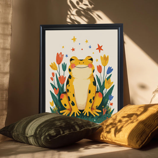 A happy yellow frog art print in a black wood frame leaning against pillows and cushions on a couch. The print is lit by soft, natural light and shadows from a nearby window.