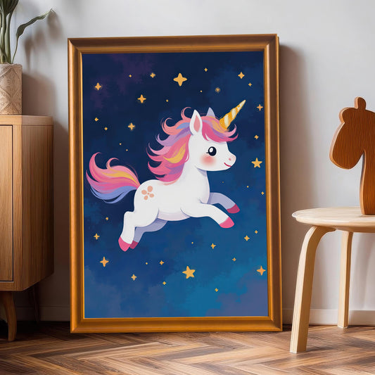 A magical unicorn art print in a bright orange wood frame, leaning against a gray wall in a child's bedroom or playroom. A wooden toy horse sits on a small stool next to the print.