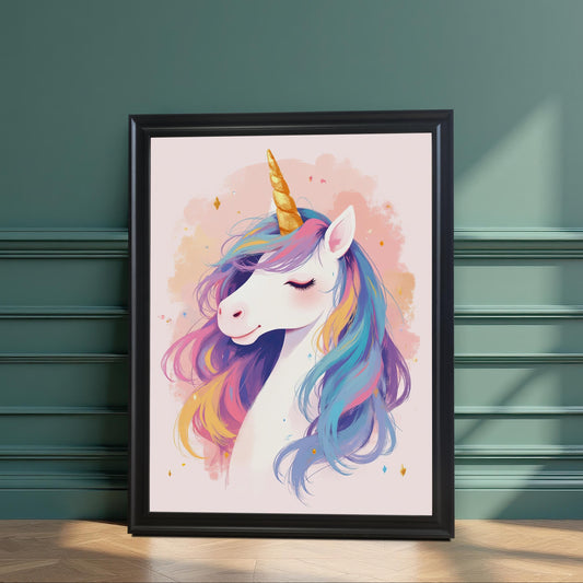 A magical unicorn head art print in a black wood frame, propped up on a wooden floor, leaning against a green wall.