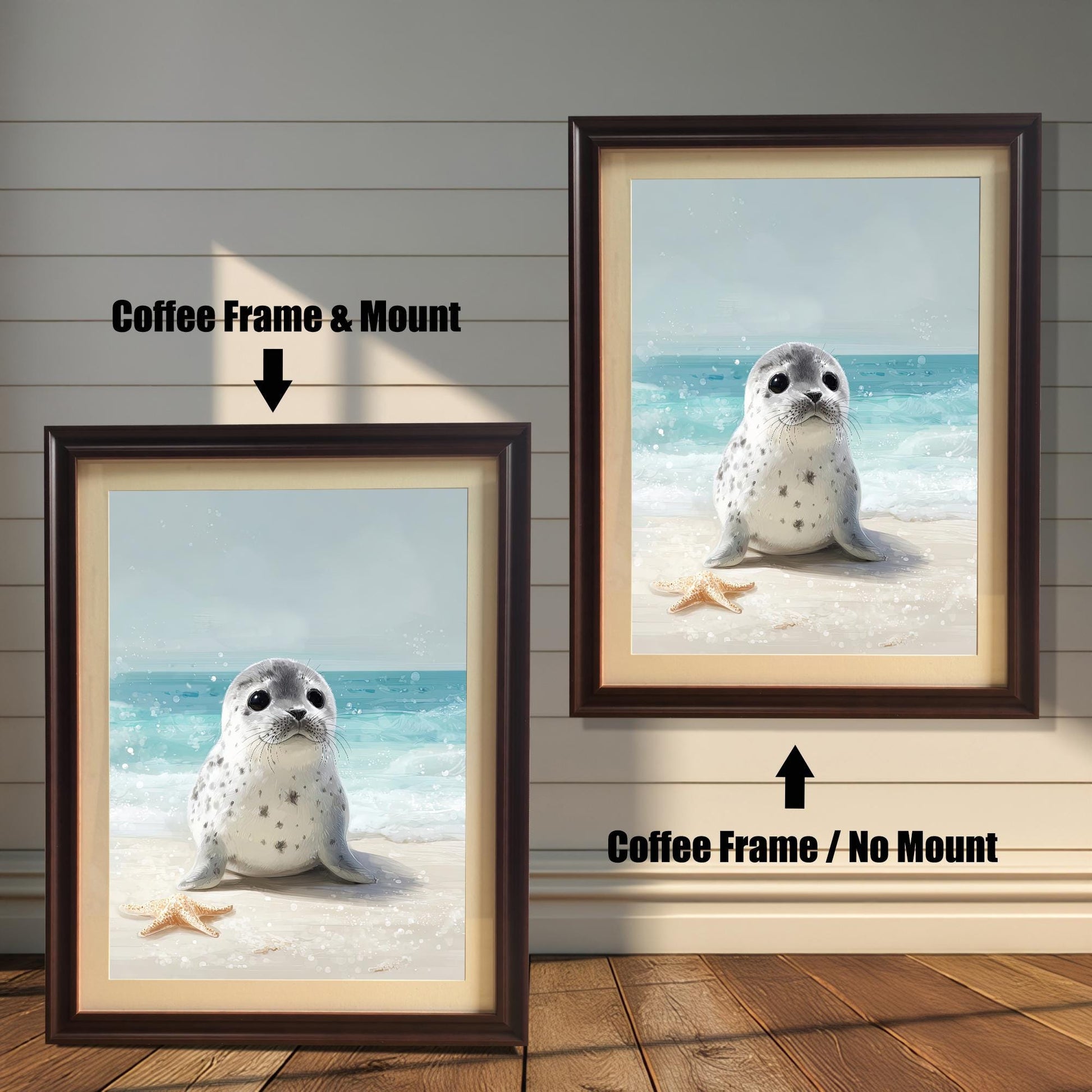 Two framed prints of a baby seal. The one on the left has a coffee-colored frame with a mount, while the one on the right has the same frame without a mount. Text labels describe the different options.
