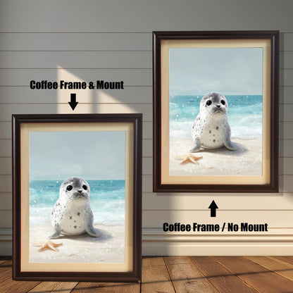 Two framed prints of a baby seal. The one on the left has a coffee-colored frame with a mount, while the one on the right has the same frame without a mount. Text labels describe the different options.