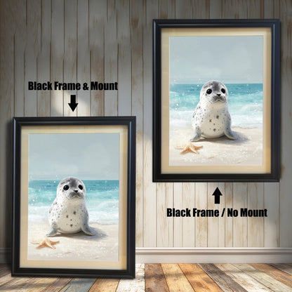 Two framed prints of a baby seal. The print on the left has a black frame with a mount, and the one on the right has a black frame without a mount. Text labels describe the "Black Frame & Mount" and "Black Frame / No Mount" options.