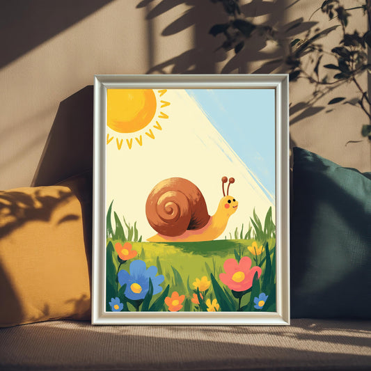A white wood framed art print of a smiling snail in a field of flowers. The print is leaning against a beige couch with pillows, with natural light and shadows from a window.
