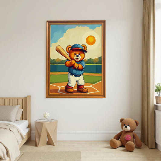 A large, orange wood framed art print of a teddy bear holding a baseball bat, hanging on a bedroom wall. A large teddy bear toy sits on the floor below the print.