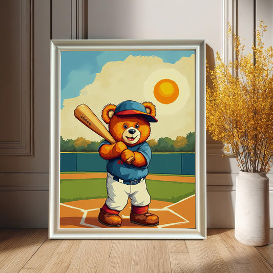 A white wood framed art print of a teddy bear ready to hit a baseball. The print is leaning on a wood floor against a white paneled wall, next to a vase with yellow floral decor.
