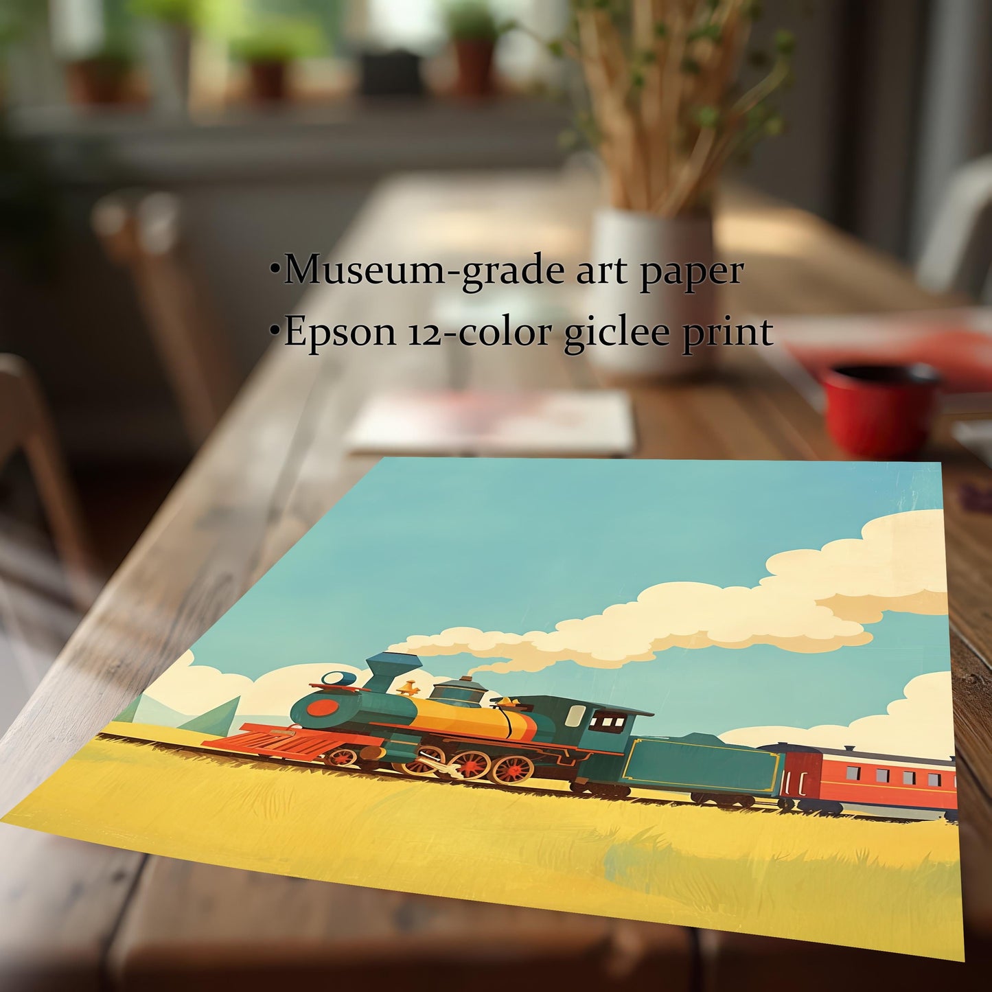 A flat lay image of a high-quality art print of a train, placed on a wooden table. The image highlights that the print is made with **museum-grade art paper** and an **Epson 12-color giclee print**.