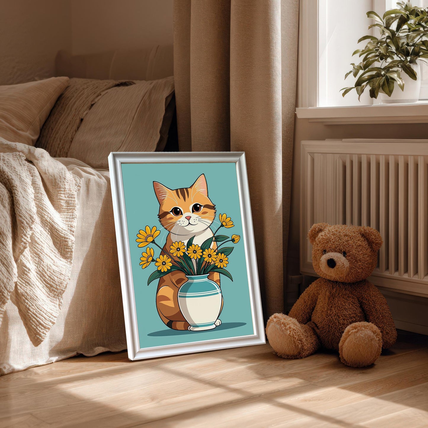A white wood framed art print of a cat and a vase of sunflowers, leaning on a light wood floor in a cozy bedroom. A large teddy bear is sitting next to the print.