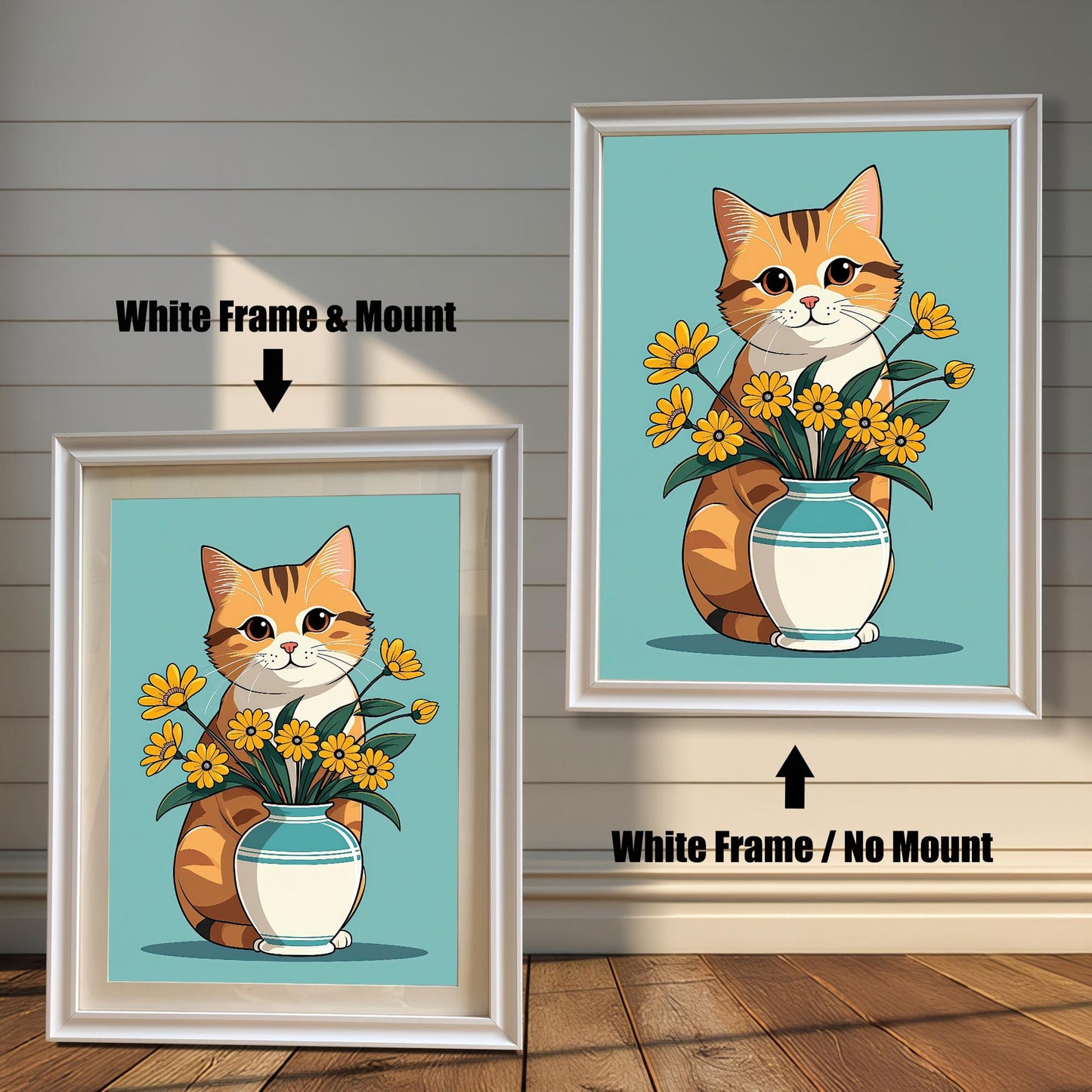 A pair of art prints of a cute cat with flowers. The left print is in a **white wood frame with a mount**, and the right print is in a **white wood frame without a mount**. The prints are displayed against a light wood wall.