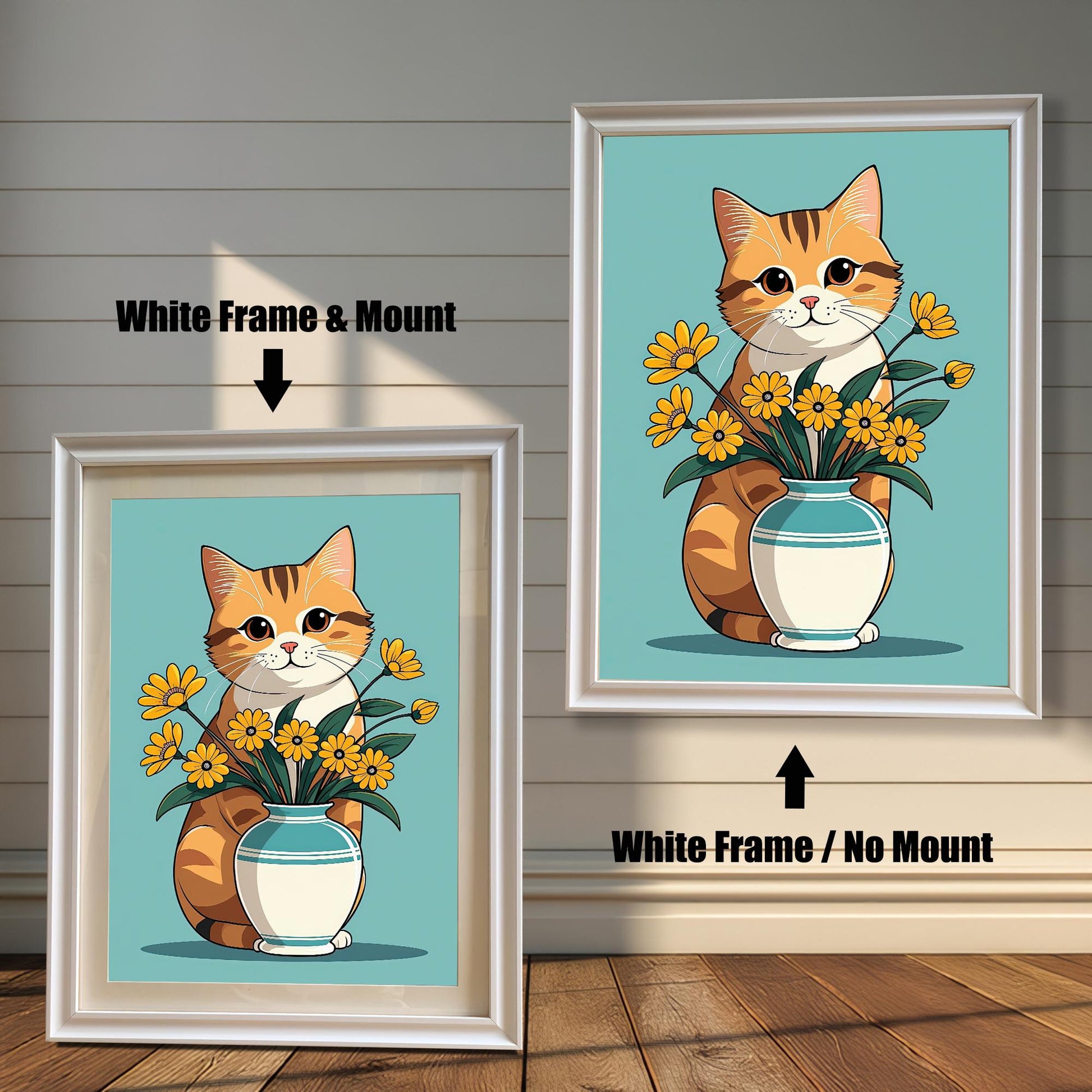 A pair of art prints of a cute cat with flowers. The left print is in a **white wood frame with a mount**, and the right print is in a **white wood frame without a mount**. The prints are displayed against a light wood wall.