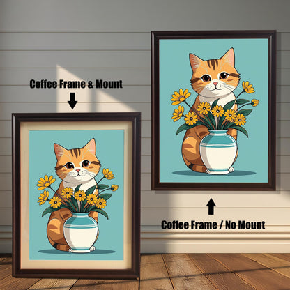 Two framed art prints of a cute ginger cat sitting behind a vase of yellow flowers. The left print is in a **coffee wood frame with a mount**, and the right print is in a **coffee wood frame without a mount**. The images are displayed against a rustic wood-paneled wall.