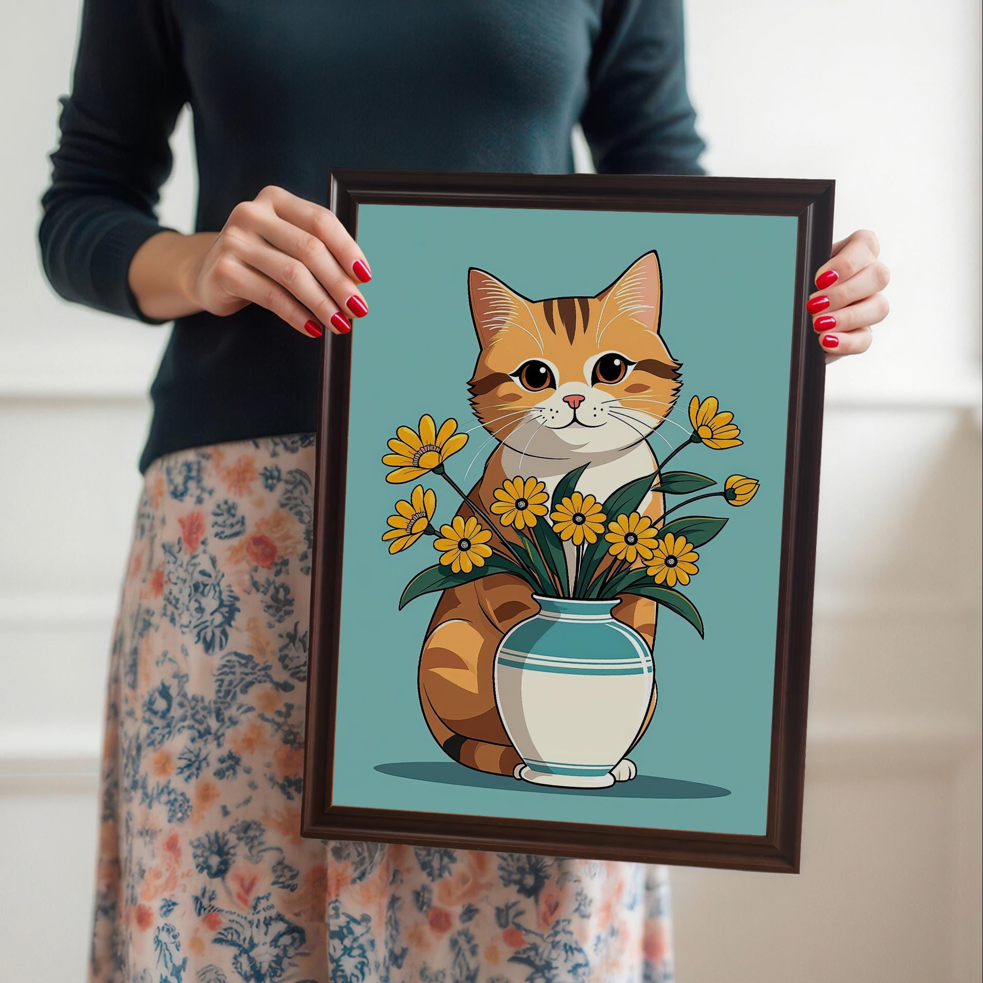 A person holding a **coffee wood framed** art print of a cute ginger cat with a vase of yellow flowers. The person is wearing a dark sweater and a floral skirt, with red nail polish.