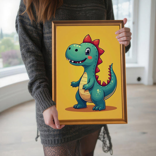 A person in a gray sweater holds a framed wall art print of a smiling green dinosaur. The print is in an orange-colored frame and a mount. The person's body is visible from the chest down, and they are standing in a well-lit room.