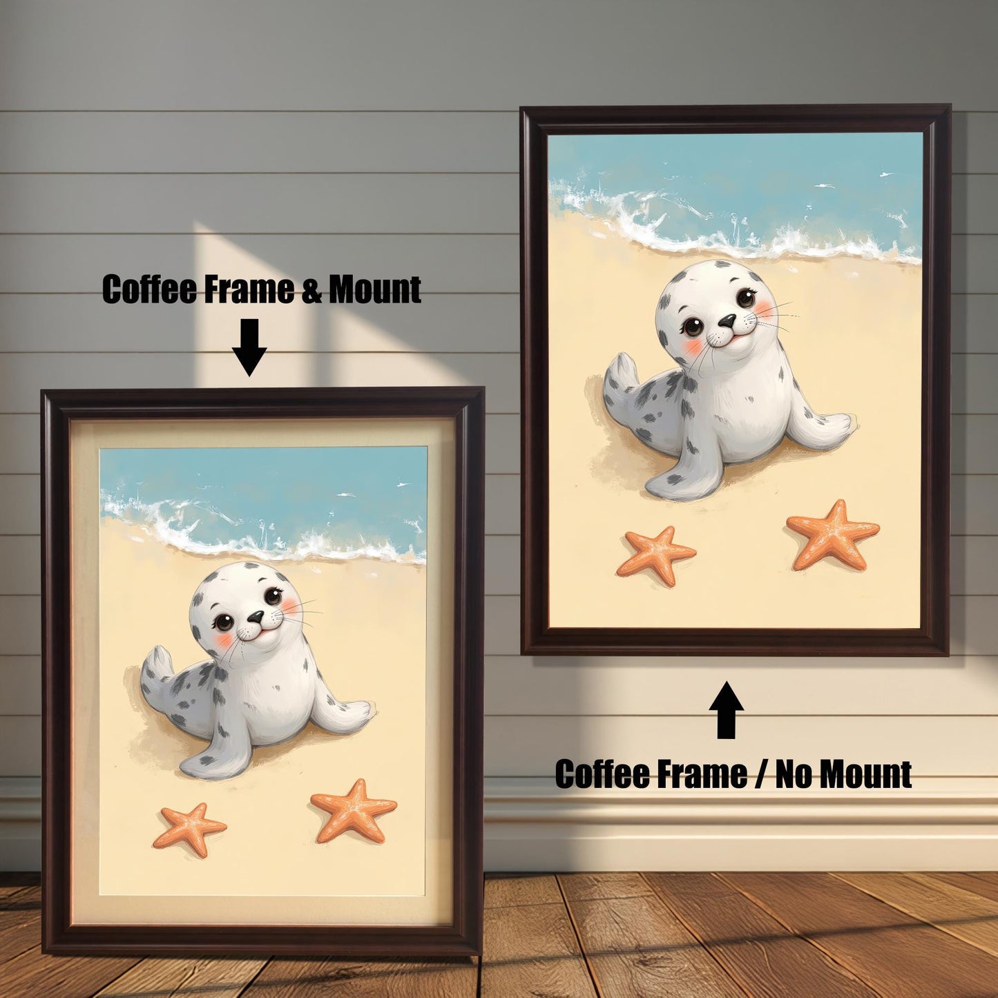 Two framed wall art prints of a baby seal on a beach with a mount and without a mount, both in coffee-colored frames. The text labels "Coffee Frame & Mount" and "Coffee Frame / No Mount" describe the options.