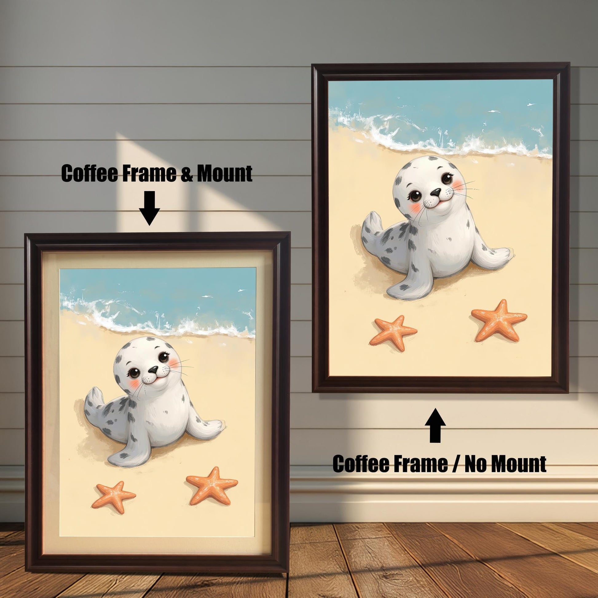 Two framed wall art prints of a baby seal on a beach with a mount and without a mount, both in coffee-colored frames. The text labels "Coffee Frame & Mount" and "Coffee Frame / No Mount" describe the options.