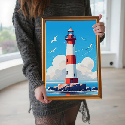 A person wearing a gray knit sweater holds an orange-framed print of a red and white lighthouse in front of a window.