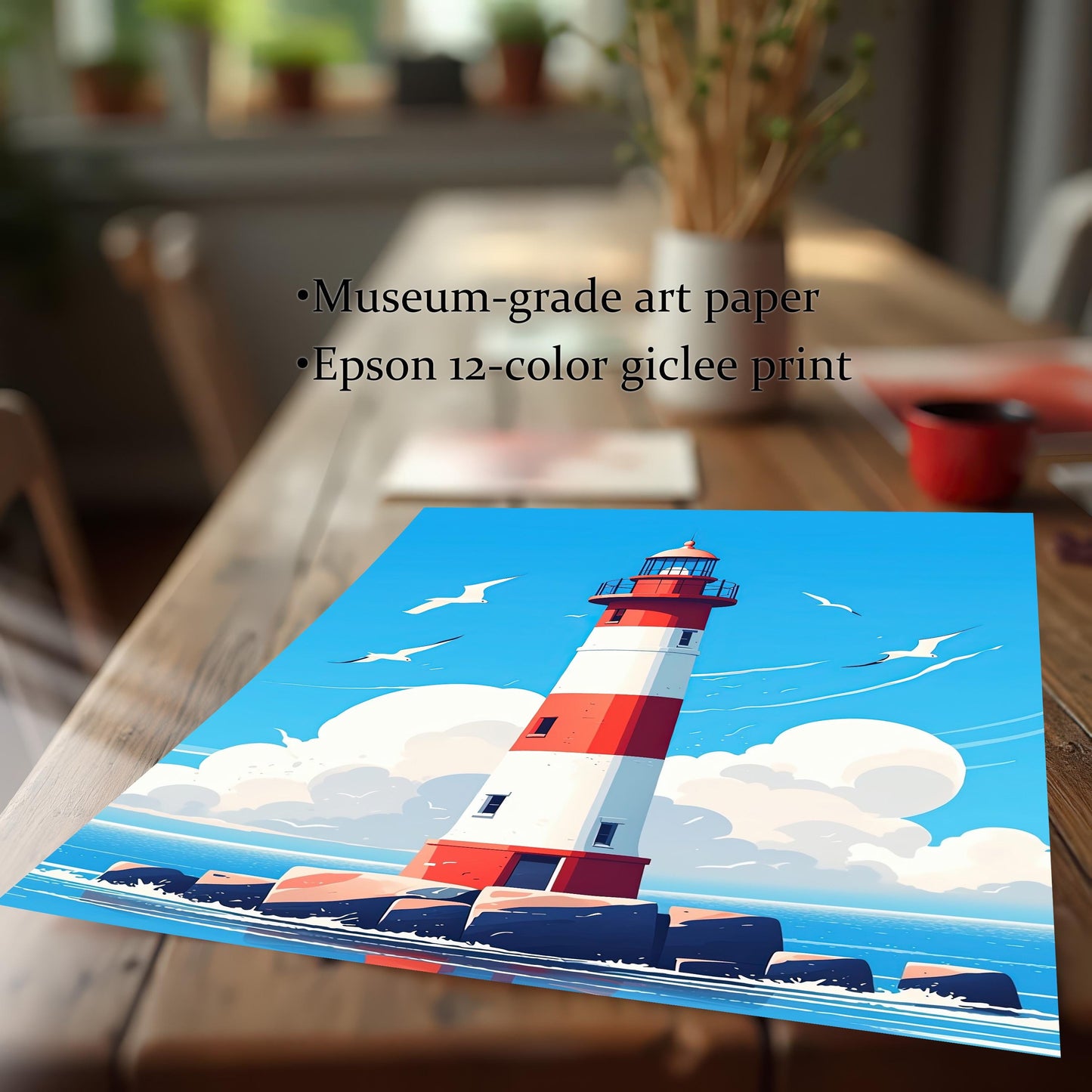 A print of a red and white lighthouse lies on a wooden table. Text to the right indicates it's a museum-grade art print using Epson 12-color giclee printing.