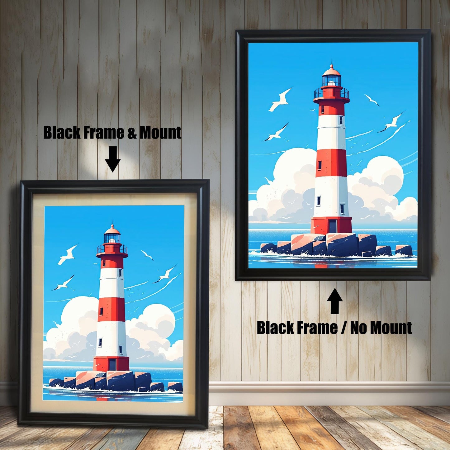 Two framed prints of a red and white lighthouse on a white wood-paneled wall. The one on the left has a black frame with a mount. The one on the right has a black frame with no mount.
