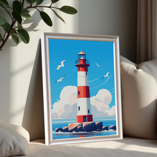 A white-framed print of a red and white lighthouse leaning against a beige couch cushion, with a green houseplant in the top left corner.