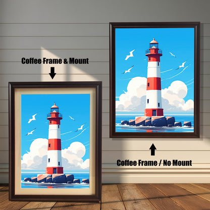 Two framed prints of a red and white lighthouse on a white wood-paneled wall. The one on the left has a coffee-colored frame with a mount. The one on the right has a coffee-colored frame with no mount.