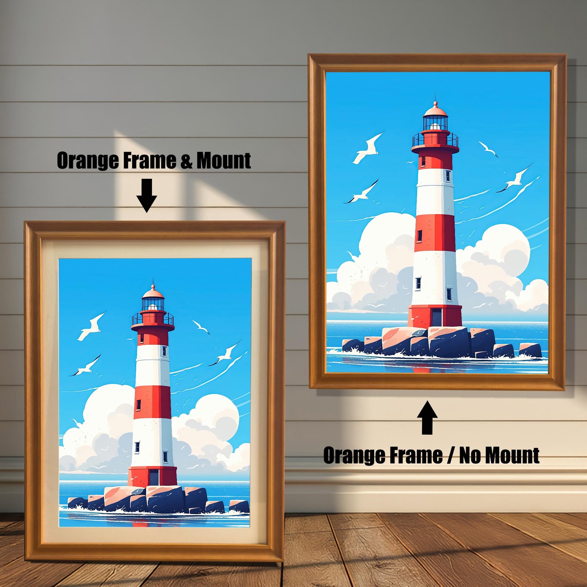 Two framed prints of a red and white lighthouse on a white wood-paneled wall. The one on the left has an orange frame with a mount. The one on the right has an orange frame with no mount.