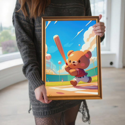 A person wearing a gray knit sweater holds an orange-framed print of a cartoon bear holding a baseball bat.
