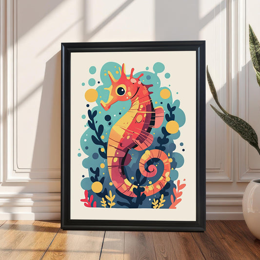 A black-framed print of a seahorse leaning on the floor against a white paneled door. A green houseplant is in the bottom right corner.